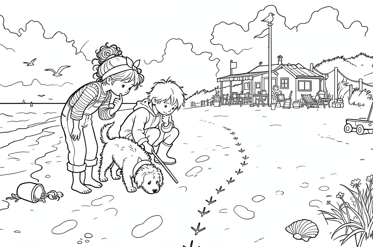 kleurplaat-zomerboekje_2026_5.Krieltje_en_het_spoor_in_het_zand